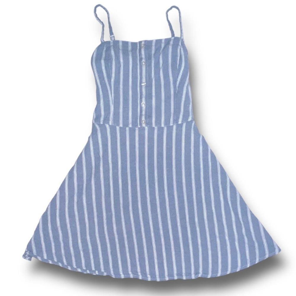 Hollister Blue & White Striped Linen Blend Spaghetti Strap Sundress, XS, EUC
